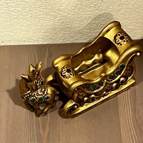 Lefton Gold Sleigh & Reindeer Red Green Jewels Christmas Ceramic w/Sticker Japan - Picture 3 of 16